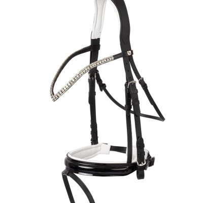 Frontal de cavalo em couro preto com detalhes em branco e cristais