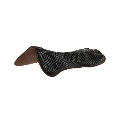 Manta para cavalo preta com textura de colmeia e bordas castanhas.