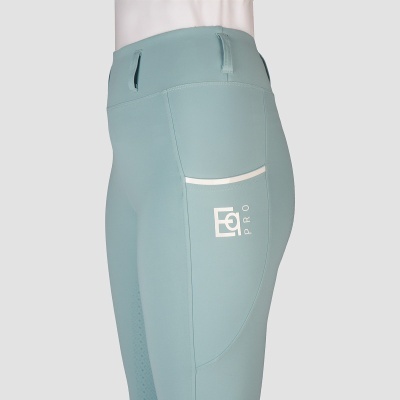 Leggings desportivas azul claro com bolso lateral e texto EQ PRO