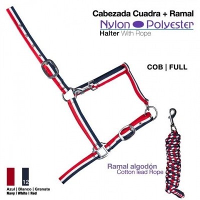 Cabezada Cuadra + Ramal em nylon e poliéster, com cabresto e corda trançada colorida