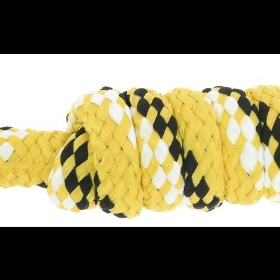 Corda trançada amarela com riscas pretas e brancas e gancho metálico