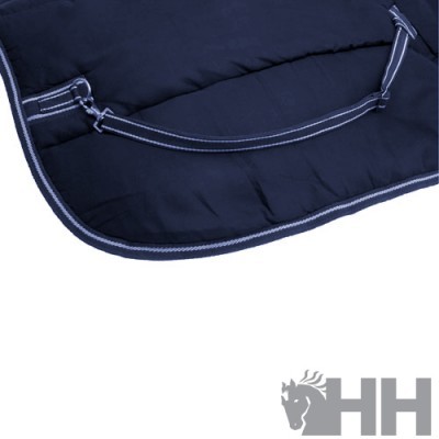 Manta azul escuro acolchoada com fivelas metálicas e logotipo HH cinza