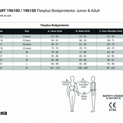 Tabela de tamanhos para colete protetor Flexplus com medidas em cm para diferentes idades e tamanhos, desenho explicativo das medições e logo HORKA.