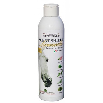 Frasco branco de gel para cavalos com rótulo de ervas e cavalo