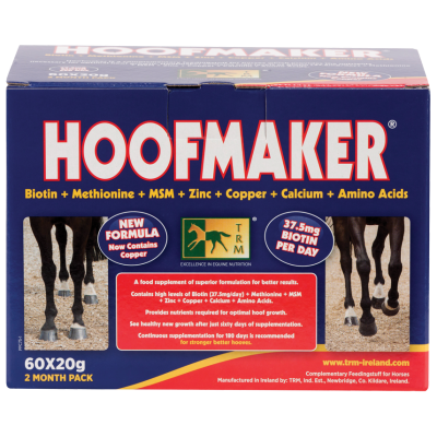 Embalagem azul do suplemento alimentar HOOFMAKER para cavalos.