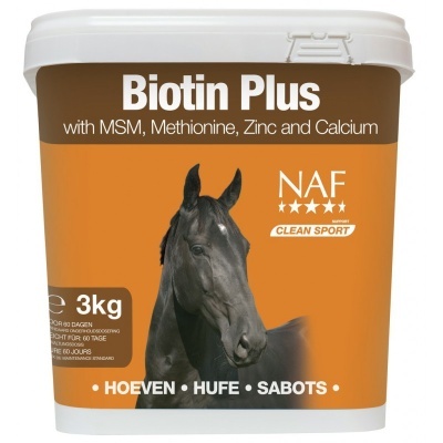 Embalagem branca e castanha de suplemento Biotin Plus com imagem de cavalo preto