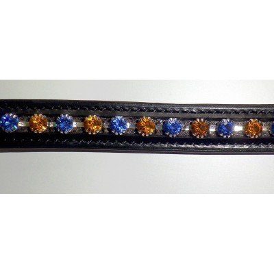 Cinta preta com pedras azuis e laranjas embutidas alinhadas