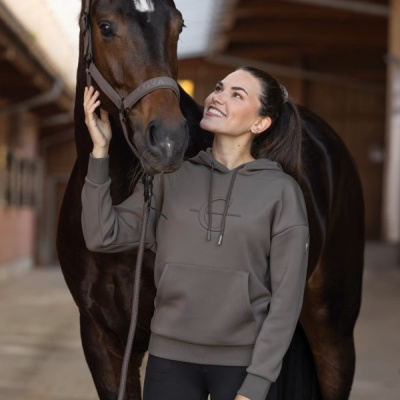 Mulher com casaco cinza segurando cavalo castanho em estábulo
