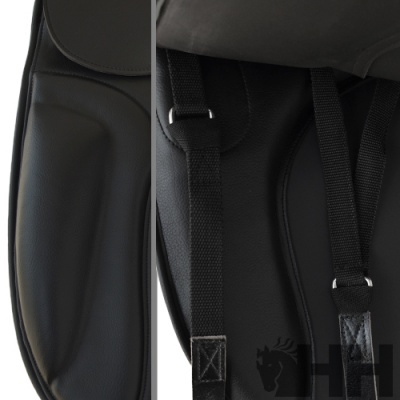 Mala preta sintética com correias e fivelas metálicas