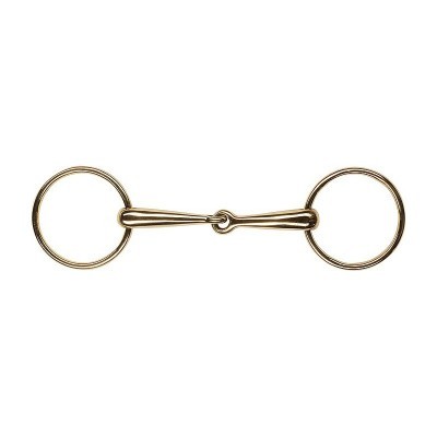 Freio simples em metal dourado com dois aros e peça central articulada