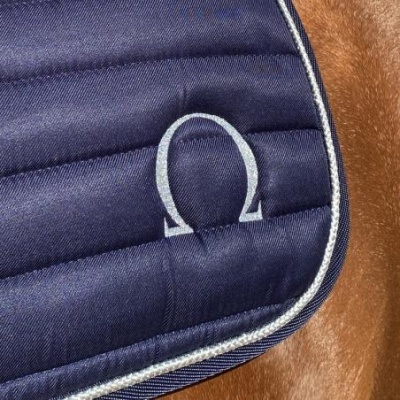 Manta de sela azul escura acolchoada com bordado branco símbolo ômega sobre cavalo castanho