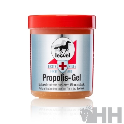 Frasco de gel de propolis Leovet com tampa vermelha e etiqueta prateada