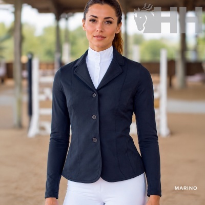 Casaco azul-marinho de equitação feminino com botões e fundo de arena