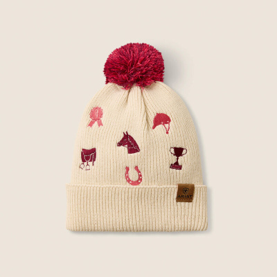 Gorro bege com pompom vermelho e ícones de equitação em vermelho e rosa