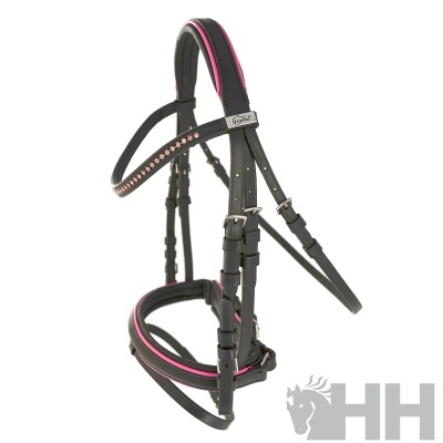 jogo de cabresto preto com detalhes cor de rosa e pedras brilhantes