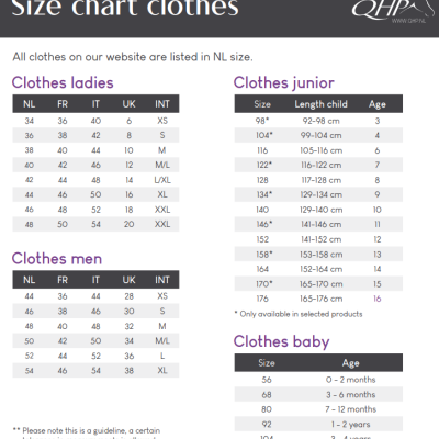 Tabela de tamanhos de roupa para senhoras, homens, jovens e bebés com várias colunas e idades