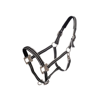 Cabresto para cavalo preto e branco com fivelas metálicas