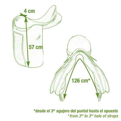 Desenho técnico em verde de uma sela de equitação com medidas em cm e texto bilíngue.
