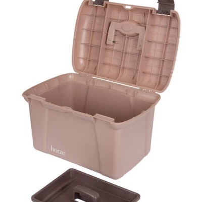 Caixa de armazenamento plástica castanha clara com tampa removível aberta e texto horze