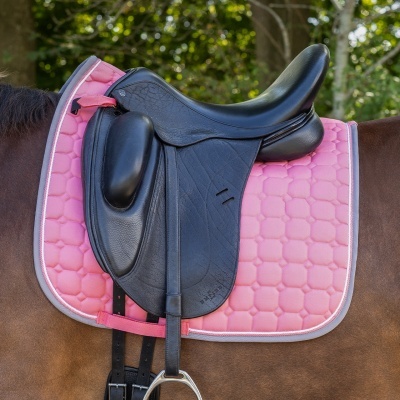 Sela de equitação preta sobre manta rosa em cavalo castanho