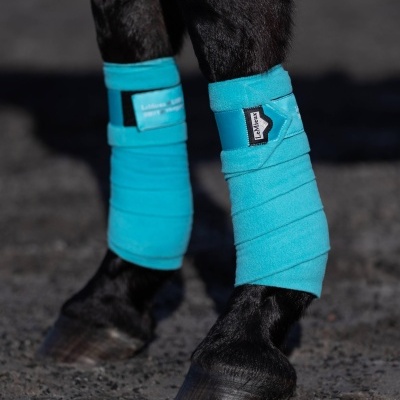 Pernas dianteiras de cavalo com bandagens turquesa em piso escuro