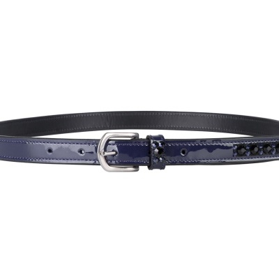 Cinto feminino azul com fivela metálica e pedras pretas