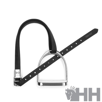 Estribo metálico prateado com correia preta em pele para equitação