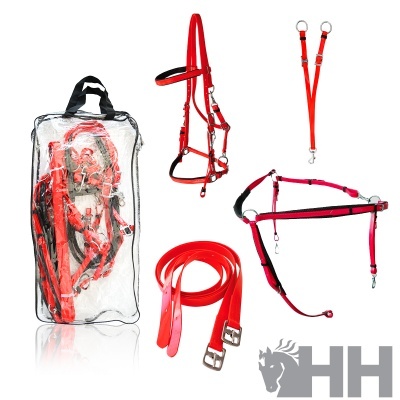 Conjunto de arreios vermelhos para cavalo com bag transparente