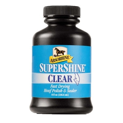 Frasco plástico preto com rótulo azul de polidor e selador Absorbine SuperShine Clear