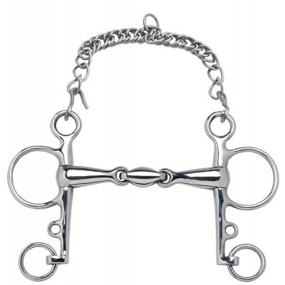 Freio de cavalo metálico prateado com corrente e argolas
