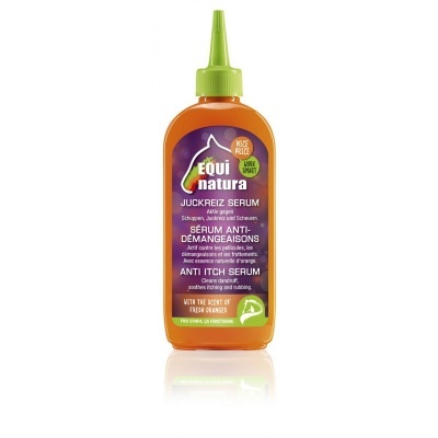 Frasco de soro anti-prurido Equi Natura laranja com rótulo roxo e tampa verde