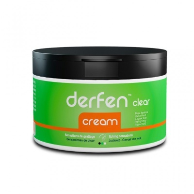 Frasco verde com tampa preta de creme Derfen clear