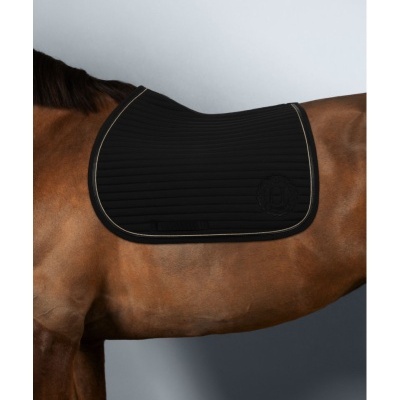 Tapete de sela preto acolchoado para cavalo sobre cavalo castanho.