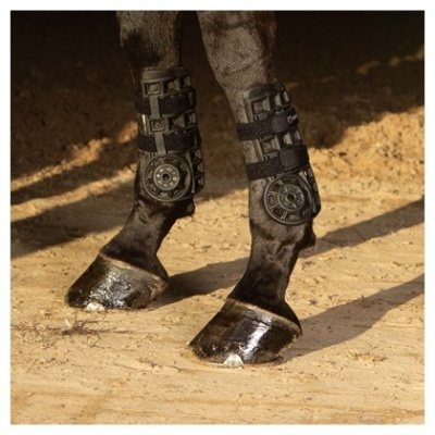 Patas dianteiras de cavalo com proteções de material sintético pretas sobre chão de terra batida