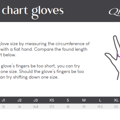 Tabela de tamanhos para luvas com instruções e imagem de mão para medir