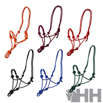 Seis cabrestos variados em corda colorida sobre fundo branco com logotipo HH