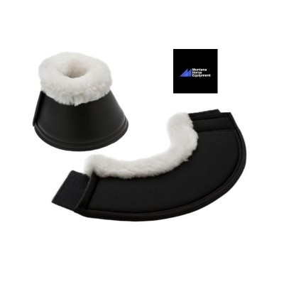 Proteções para cascos de cavalo pretas com pelo branco interno, com logótipo Montana Horse Equipment