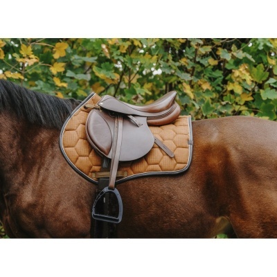 Sela de equitação castanha sobre cavalo castanho com almofada hexagonal amarelo-dourada