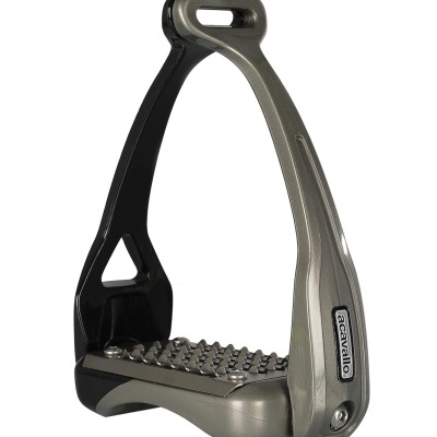 Estribo para equitação metálico cinza e preto com logótipo Acavallo