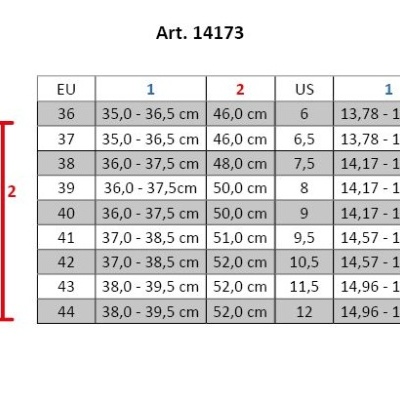 Tabela de tamanhos de meias com ilustração de uma perna e dimensões marcadas.