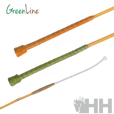 Três objetos alongados com diferentes punhos coloridos e texto GreenLine e logótipo HH