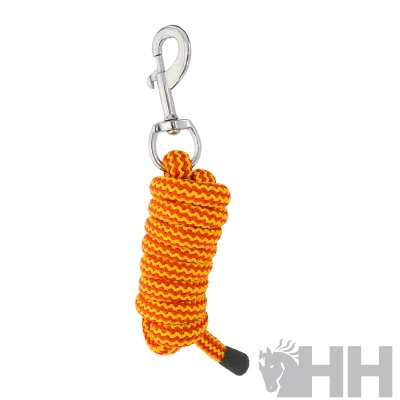 Corda laranja e amarela com gancho metálico prateado para equitação