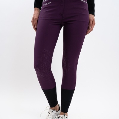 Calças justas femininas roxas com detalhes pretos nos tornozelos e texto SARGOUR