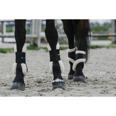 Pernas de cavalo com proteções pretas e brancas em areia com cercas de madeira ao fundo