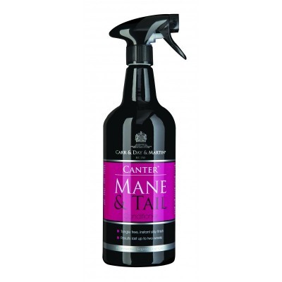 Frasco preto com rótulo rosa Canter Mane & Tail com borrifador