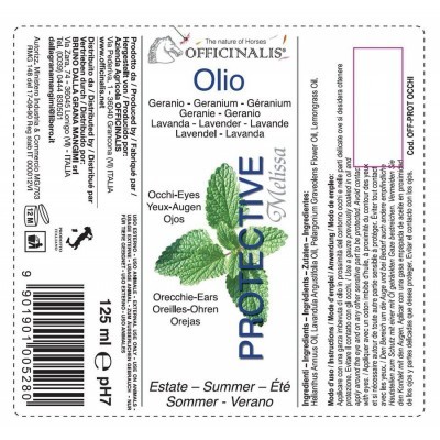Rótulo de óleo Officinalis com ingredientes e instruções em vários idiomas