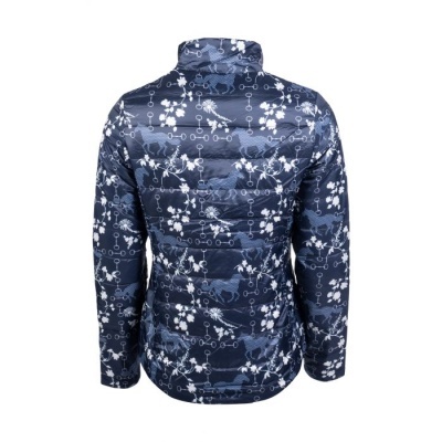 Casaco acolchoado azul escuro com padrão branco de flores e cavalos