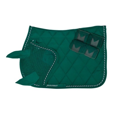 Conjunto de equipamento para cavalo verde escuro com manta, protetor de orelhas e bandagens