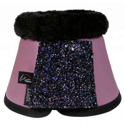 Sino protetor rosa para cavalo com detalhes brilhantes e pelo preto