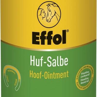 Frasco verde e amarelo de pomada para cascos com tampa verde da marca Effol